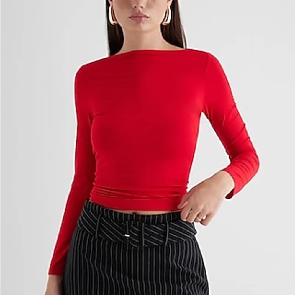 Express Fitted Boat Neck Long Sleeve in Red